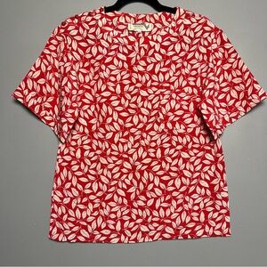 Valentino Vintage 1970s Red White Leaf Print Silk Retro Blouse Women’s Size 6